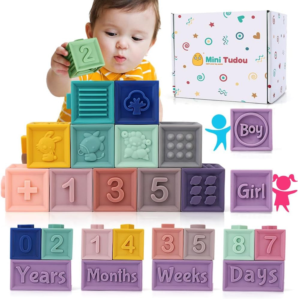 14 PCS Baby Blocks Soft Building Blocks Toys W/Milestone Blocks & Play Mat, Educational Squeeze Teether Sensory Toy W/Numbers Animals Shapes Textures for Babies Toddlers Boys & Girls